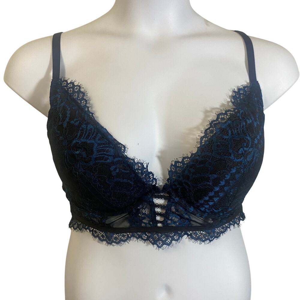 La Senza Beyond Sexy Deep Plunge Black Blue Lace Padded Bralette Sz 38D